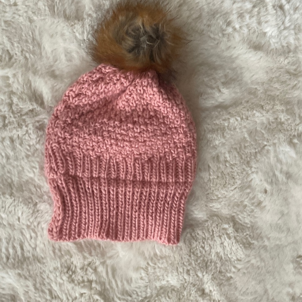 Eddie Bauer Pink Knit Beanie with Brown Faux Fur Pom
